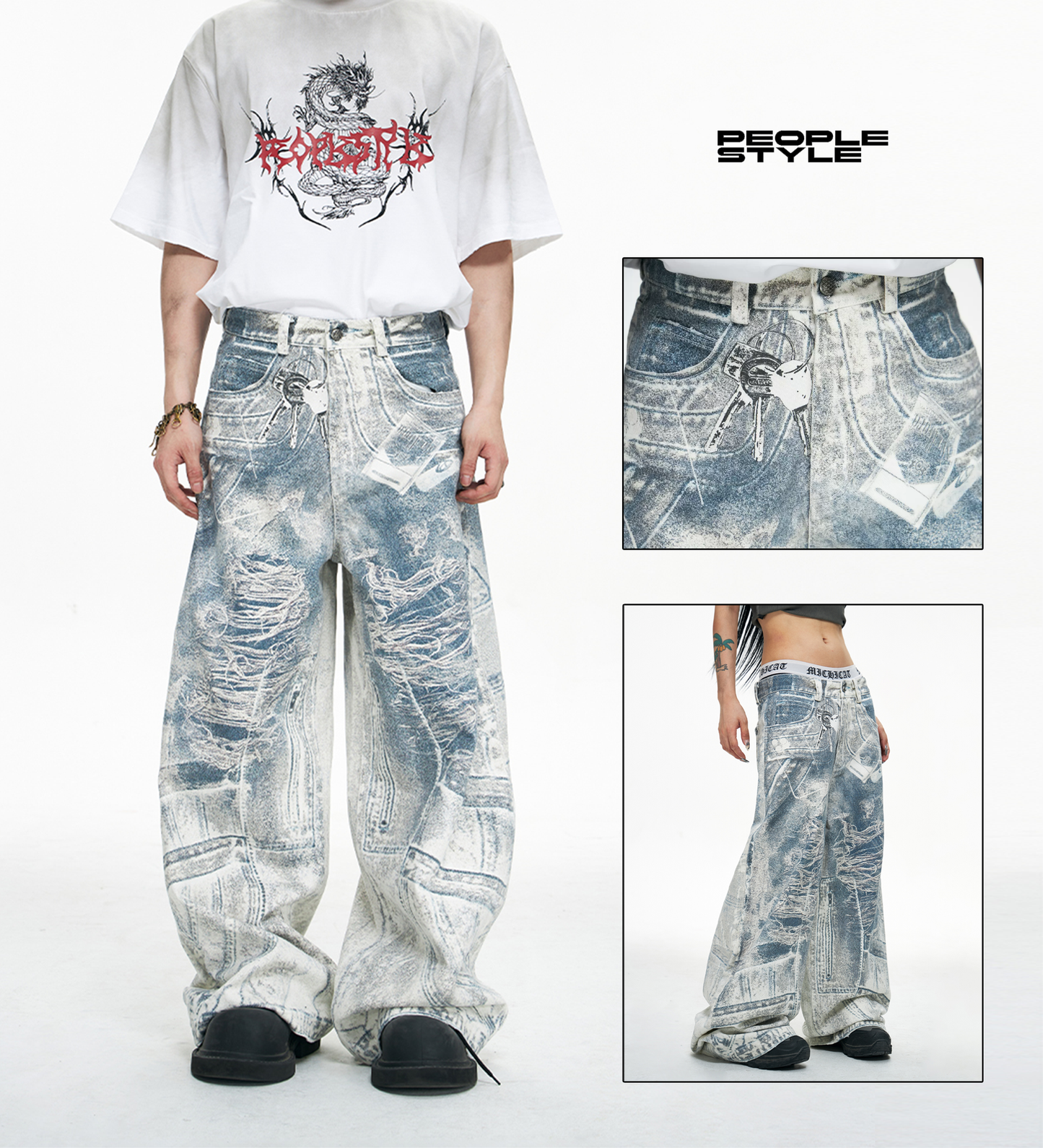 PEOPLESTYLE 復古數碼印 牛仔褲 BAGGY JEANS